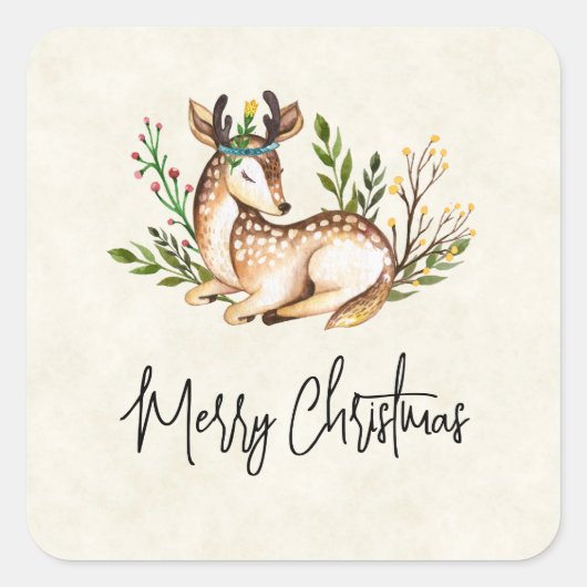  Waterverf Deer Laking Down Boho Kerstmis Vierkante Sticker (Voorkant)