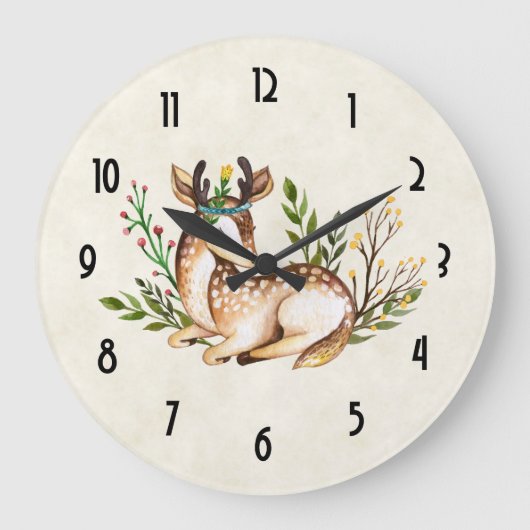  Waterverf Deer Laying Down Boho Grote Klok (Voorkant)