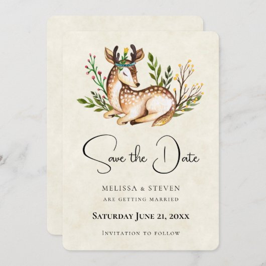Waterverf Deer Laying Down Boho Rustic Sav Save The Date (Voorkant / Achterkant)