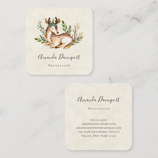 Waterverf Deer Laying Down Boho Vierkante Visitekaartje (Voorkant / Achterkant)