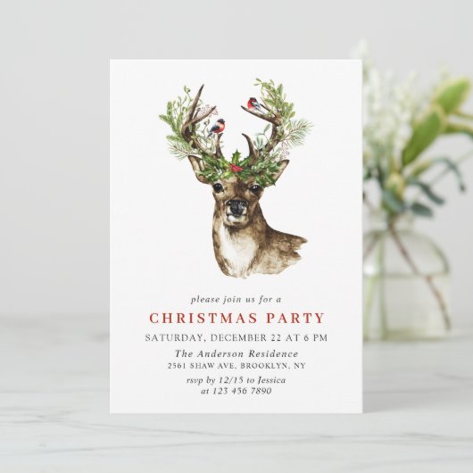 Waterverf Deer Mistletoe Wreate kerstparty Kaart (Staand voorkant)
