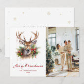 Waterverf Deer Pine Foto Vrolijk Kerstfeest Kaart (Voorkant / Achterkant)
