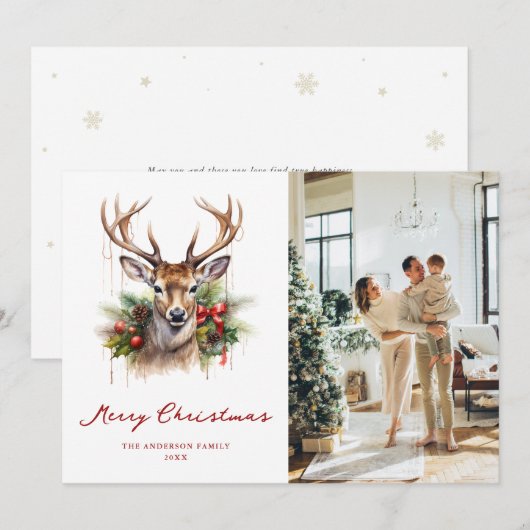 Waterverf Deer Pine Foto Vrolijk Kerstfeest Kaart (Voorkant / Achterkant)