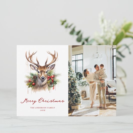 Waterverf Deer Pine Foto Vrolijk Kerstfeest Kaart (Staand voorkant)