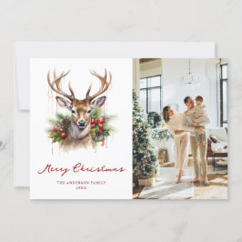 Waterverf Deer Pine Foto Vrolijk Kerstfeest Kaart