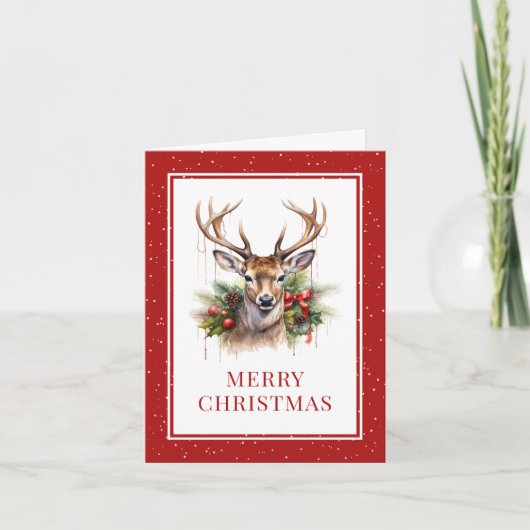 Waterverf Deer Pine Holly Red Merry Christmas Feestdagen Kaart (Voorkant)
