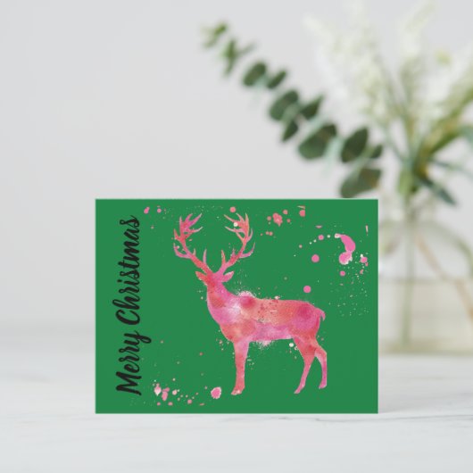 Waterverf Deer, roze oranje groene kerst Feestdagenkaart (Staand voorkant)