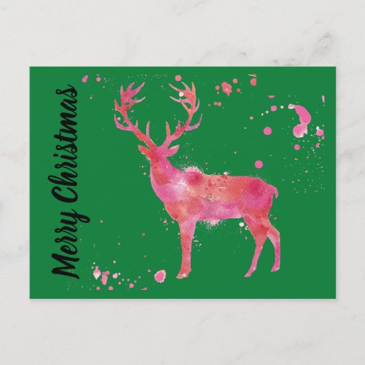 Waterverf Deer, roze oranje groene kerst Feestdagenkaart (Voorkant)