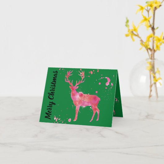 Waterverf Deer, roze oranje groene kerst Kaart (Gele Bloem)