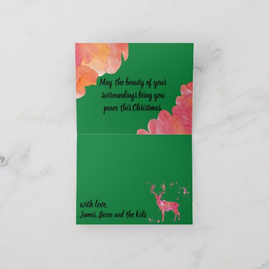 Waterverf Deer, roze oranje groene kerst Kaart (Binnen)
