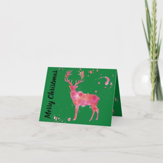 Waterverf Deer, roze oranje groene kerst Kaart (Voorkant)