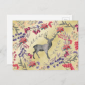 Waterverf Deer Winter Berries Gold Briefkaart (Voorkant / Achterkant)