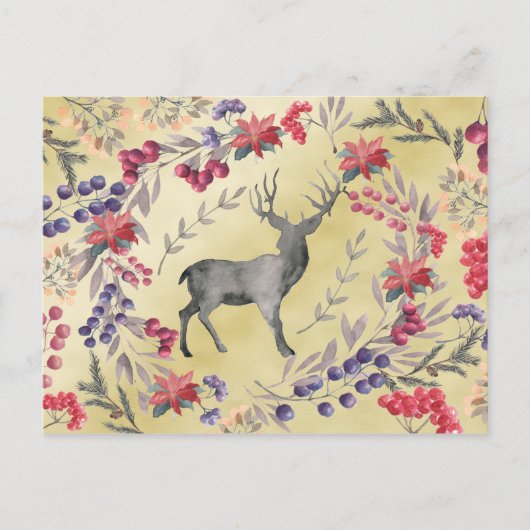 Waterverf Deer Winter Berries Gold Briefkaart (Voorkant)