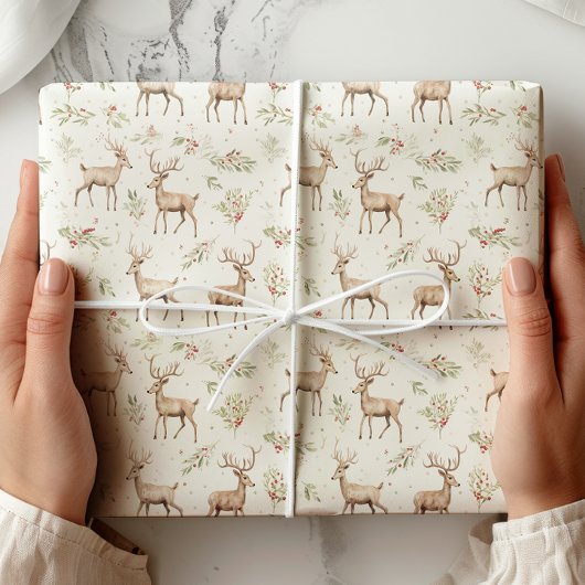 Waterverf Deer Winter Greenery Cadeaupapier