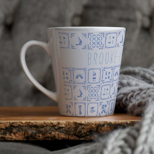 Waterverf Delfts Blauw en Wit Tegel   Monogram Latte Mok