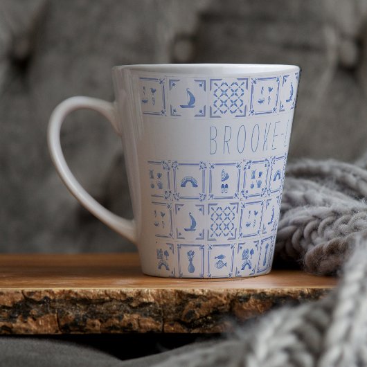 Waterverf Delfts Blauw en Wit Tegel | Monogram Latte Mok