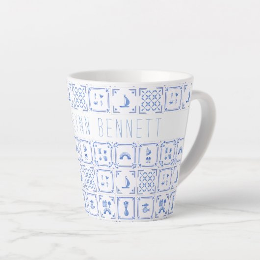 Waterverf Delfts Blauw en Witte Tegel | Monogram Latte Mok (Rechterhoek)