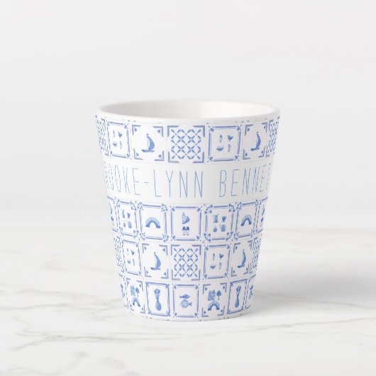 Waterverf Delfts Blauw en Witte Tegel | Monogram Latte Mok (Voorkant)