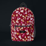 Waterverf delicate bloemetjes bordeaux rood motief bedrukte rugzak<br><div class="desc">Waterverf Delicate Flowers Bourgondische rode achtergrond patroon met aangepaste naam</div>