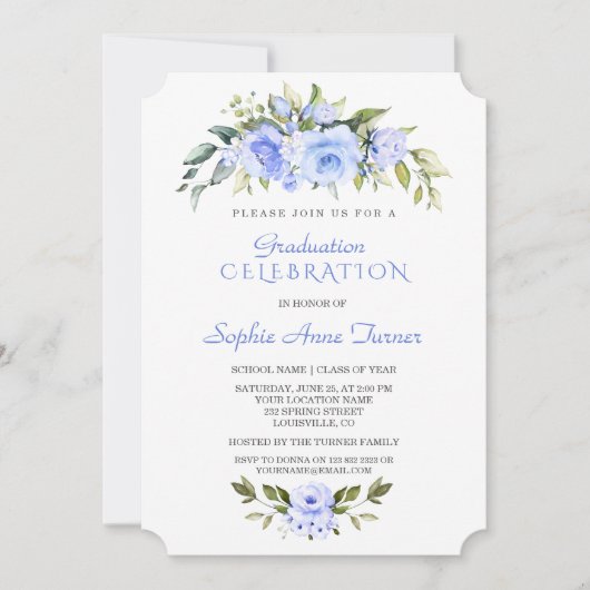 Waterverf Delicate Blue Floral Graduation Party Kaart (Voorkant)