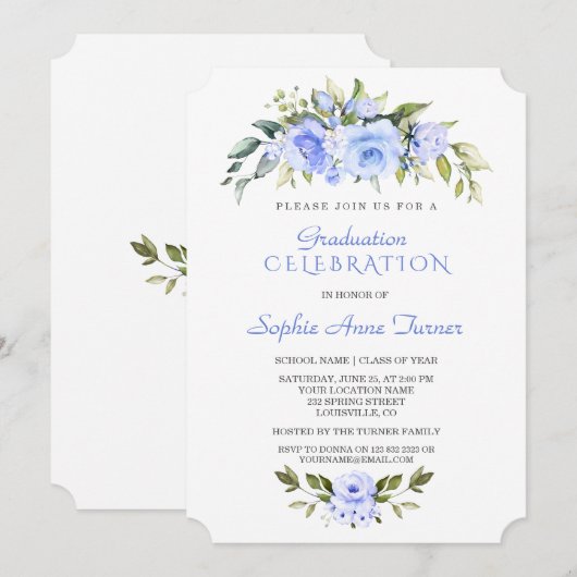 Waterverf Delicate Blue Floral Graduation Party Kaart (Voorkant / Achterkant)