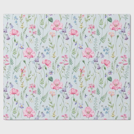 Waterverf Delicate Flowers Foliage Pattern Blue Cadeaupapier (Vlak)