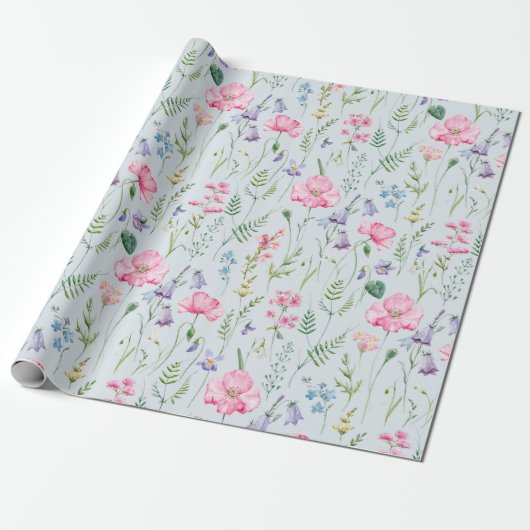 Waterverf Delicate Flowers Foliage Pattern Blue Cadeaupapier (Uitgerold)