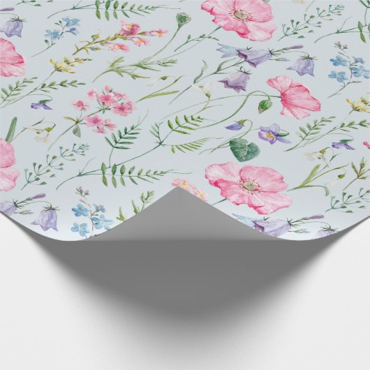 Waterverf Delicate Flowers Foliage Pattern Blue Cadeaupapier (Hoek)