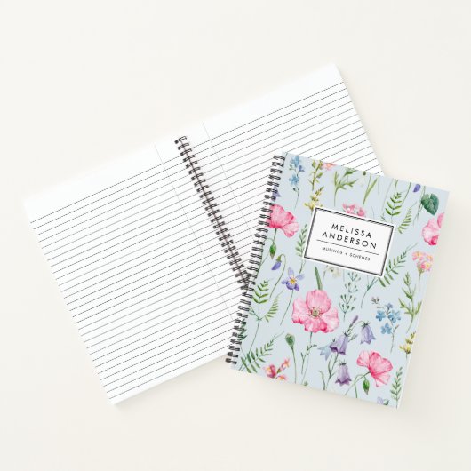 Waterverf Delicate Flowers Foliage Pattern Blue Notitieboek (Binnen)