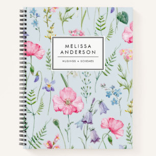 Waterverf Delicate Flowers Foliage Pattern Blue Notitieboek