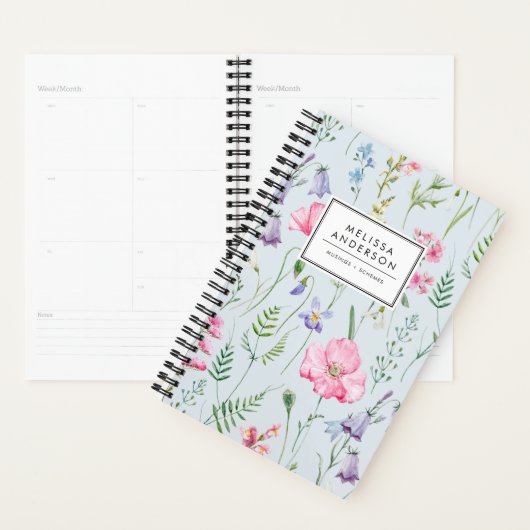 Waterverf Delicate Flowers Foliage Pattern Blue Planner (Display)
