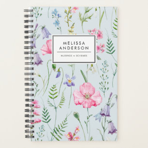 Waterverf Delicate Flowers Foliage Pattern Blue Planner