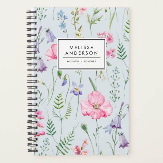 Waterverf Delicate Flowers Foliage Pattern Blue Planner (Voorkant)