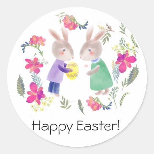 Waterverf delicate paasrabbyt en ei ronde sticker (Voorkant)