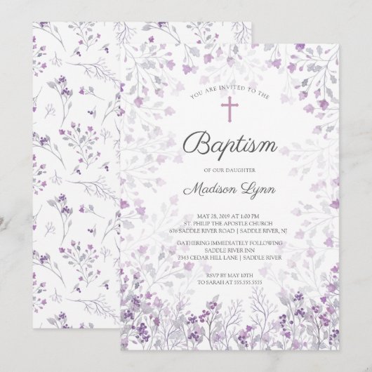 Waterverf Delicate Purple Flowers Doop Kaart (Voorkant / Achterkant)