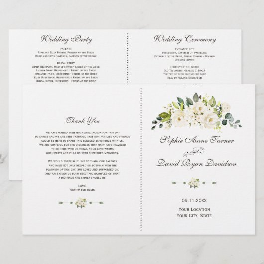 Waterverf Delicate White Flowers Wedding Programme (Voorkant / Achterkant)