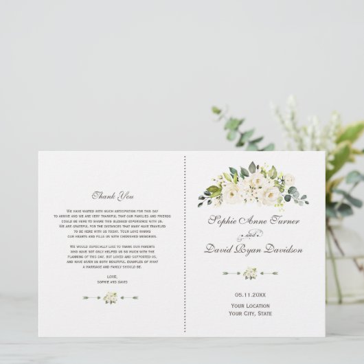 Waterverf Delicate White Flowers Wedding Programme (Staand voorkant)