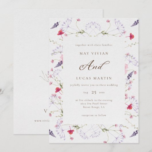 Waterverf Delicate Wildflower Kalligrafie Bruiloft Kaart (Voorkant / Achterkant)