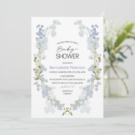Waterverf Delphinium blauw bloemen baby shower Kaart (Staand voorkant)