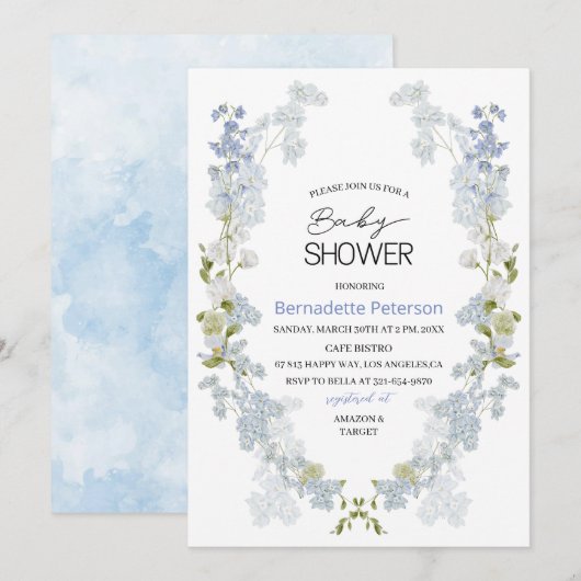 Waterverf Delphinium blauw bloemen baby shower Kaart (Voorkant / Achterkant)
