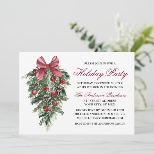 Waterverf dennen bessen strik rood feestje kaart (Staand voorkant)