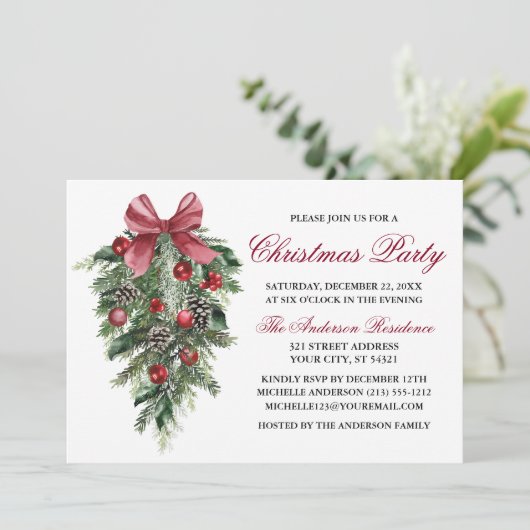 Waterverf dennen bessen strik rood kerstfeest kaart (Staand voorkant)