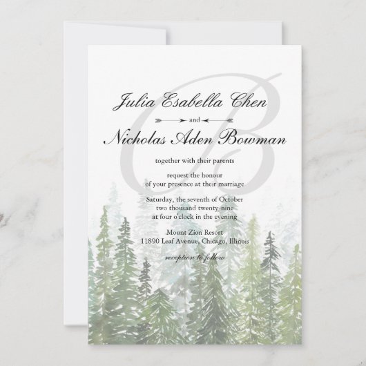 Waterverf dennen Bossen bos monogram bruiloft Kaart (Voorkant)