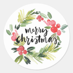 Waterverf Dennen en Hulst Krans Prettig Kerstfeest Ronde Sticker