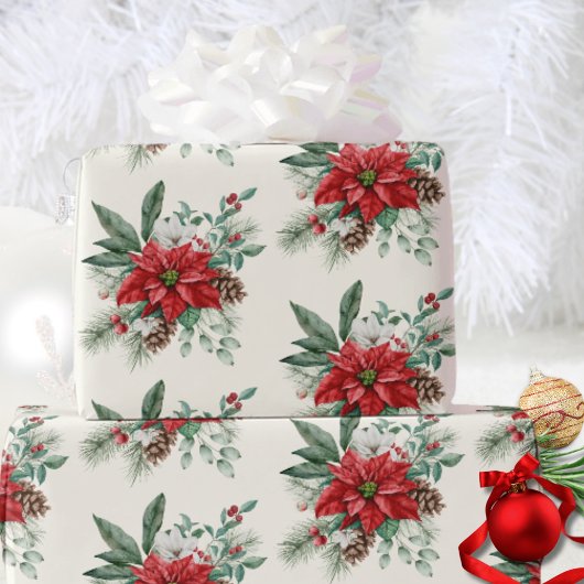 Waterverf dennen rode poinsettia kerst cadeaupapier