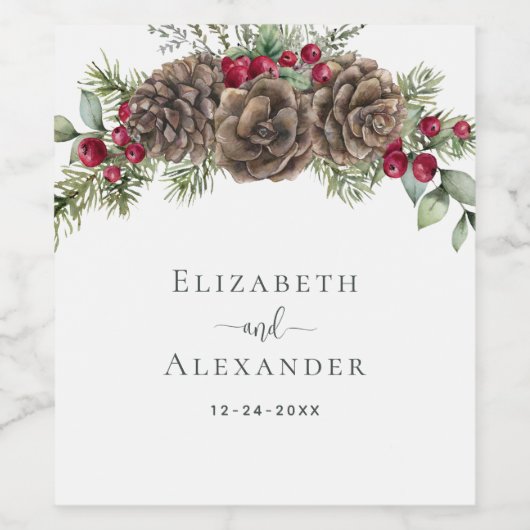 Waterverf dennen winterbessen kerstbruiloft wijn etiket (Enkel label)