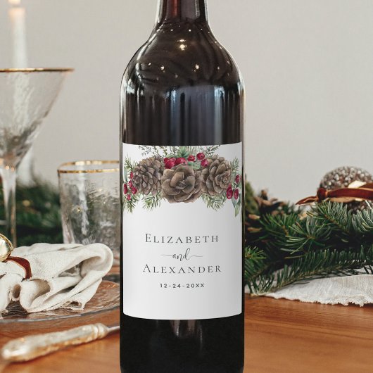 Waterverf dennen winterbessen kerstbruiloft wijn etiket
