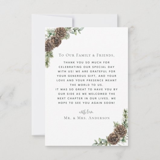 Waterverf dennenappel elegante winter bruiloft fot bedankkaart (Achterkant)