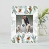 Waterverf dennenappel groen bruiloft foto feestdagenkaart (Staand voorkant)