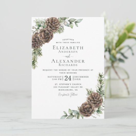 Waterverf dennenappel groen winterbruiloft kaart (Staand voorkant)